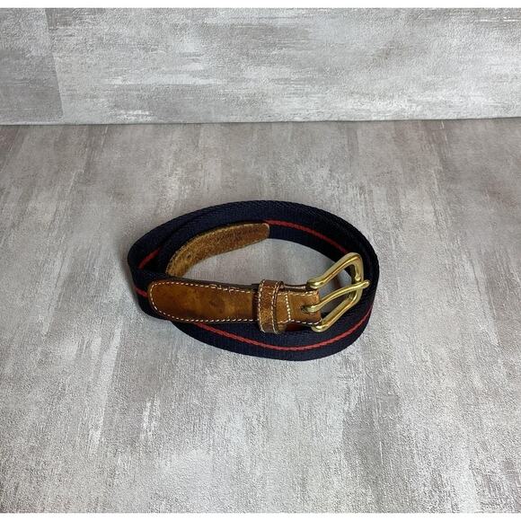Belt Mens 34 Navy Red Web Stripe Leather Ends Solid Brass Buckle Made USA Preppy - Picture 2 of 15